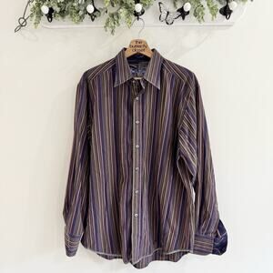 Robert Graham Men's Brown & Purple Jacquard Striped Flip Cuff Shirt Large e47